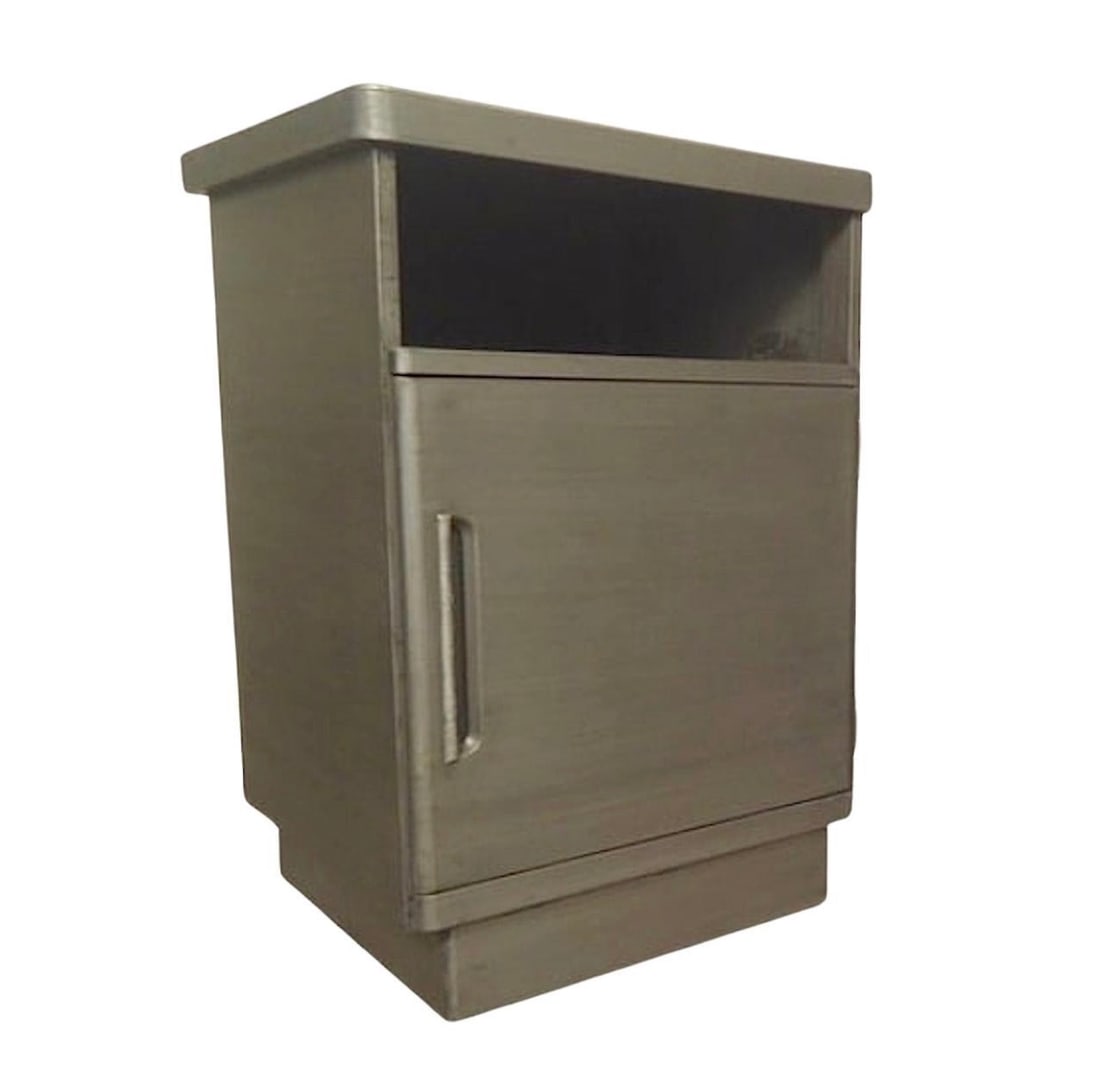 Single Side Cabinet by Steelmaster: Vintage metal cabinets have been restored in a striking bare metal style finish. Original tops, top open cabinet and large cabinet space with door. Great for use as sofa tables or nightstands.