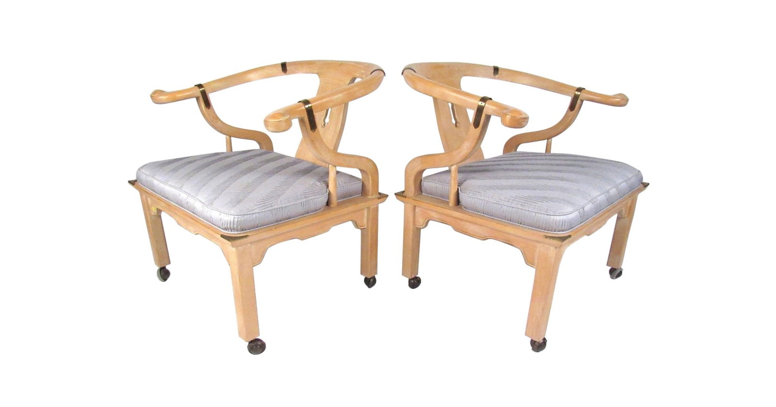 Set of Midcentury Chinoiserie Style Lounge Chairs by Century Chair Company: Pair of horseshoe armchairs with "scrubbed white" finish by the Century Chair Company, 1987. // PICKUP LOCATION: WALL, NJ // Condition: Good. Wear consistent with age and use. Minor dings and