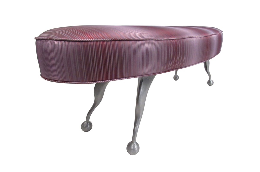 Oval Contemporary Modern Upholstered Bench: This stylish contemporary modern bench or foot stool features an elaborate striped upholstery and unusual sculpted metal legs. An overstuffed oval seat and wavy drumstick shaped legs make this beautif