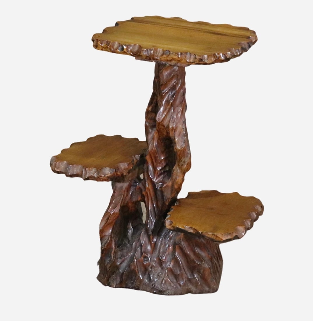 Live Edge Tiered Stand: Mid-century rustic table with live edges. Three tiers make for a great plant stand. // PICKUP LOCATION: BROOKLYN, NY // Condition: Good. Wear consistent with age and use. Minor fading. loose shelves,