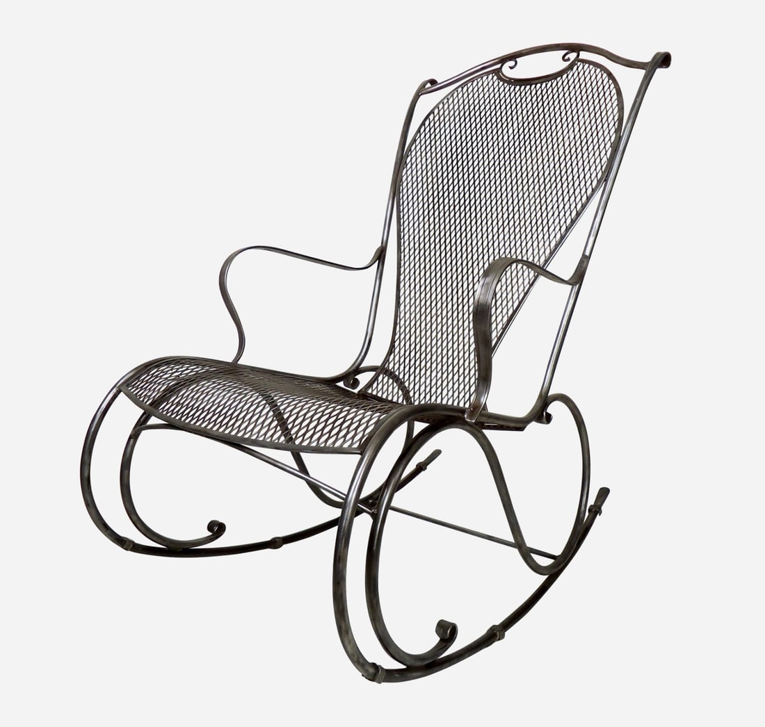 Vintage Industrial Metal Rocker: Gorgeous vintage metal rocker features a mesh seat and back, all stripped down and restored to a bare metal style finish. // PICKUP LOCATION: BROOKLYN, NY // Condition: Good. Wear consistent with age
