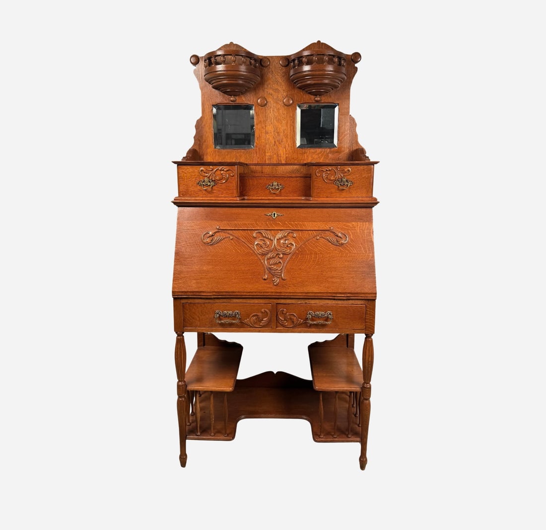 Stunning Victorian Antique Golden Oak Slant Front Desk: Elevate your interior with the timeless elegance of this Victorian antique slant front desk, crafted in richly grained golden oak and featuring a rare built-in étagère — the perfect marriage of be