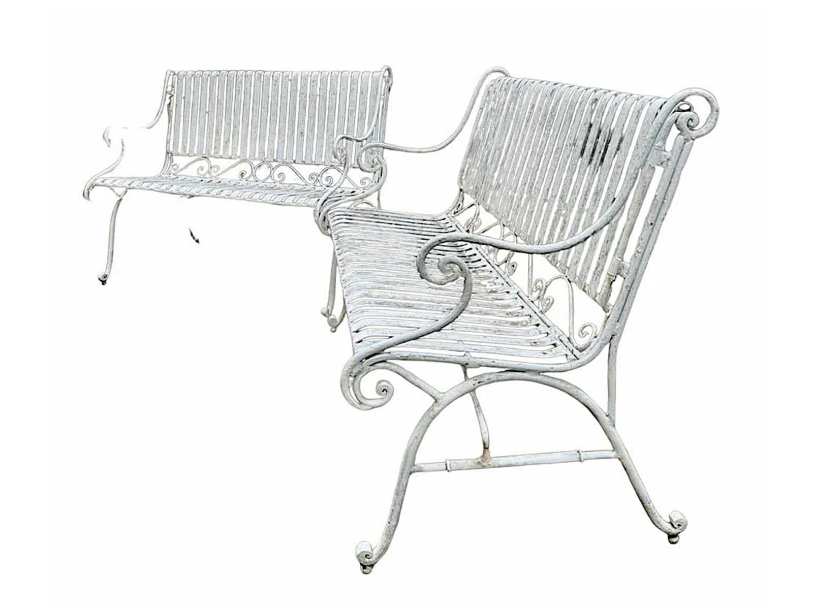 Pair of Garden Benches: Pair of vintage wrought iron outdoor benches. Slatted seat and back with scrolling frame. // Pickup location: Wall, NJ // Dimensions: Width: 45 in. Depth: 29 in. Height: 36 in. SH: 19 in. //