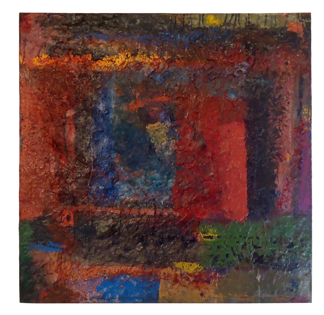 1960s Mid-Century Abstract Painting Signed by Artist: 1960s frameless abstract oil painting on canvas, signed by artist. // PICK UP LOCATION: BROOKLYN NY // Dimensions: 30?W × 2?D × 30?H // Condition: fading, edge wear, chips