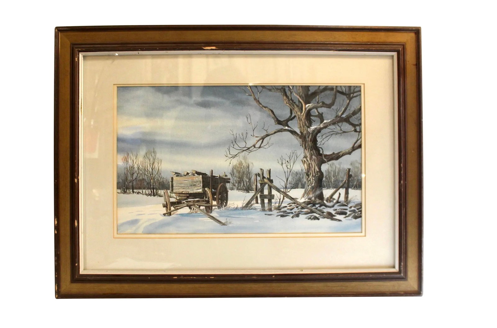 "Winter" 1980 Painting by Jack Wemp (1925-2005): This beautiful winter scene by Jack Wemp shows off his subtle ability to capture space and objects with great detail. A simple wagon and tree draw you into the winter scene. Wemp was an accomplished