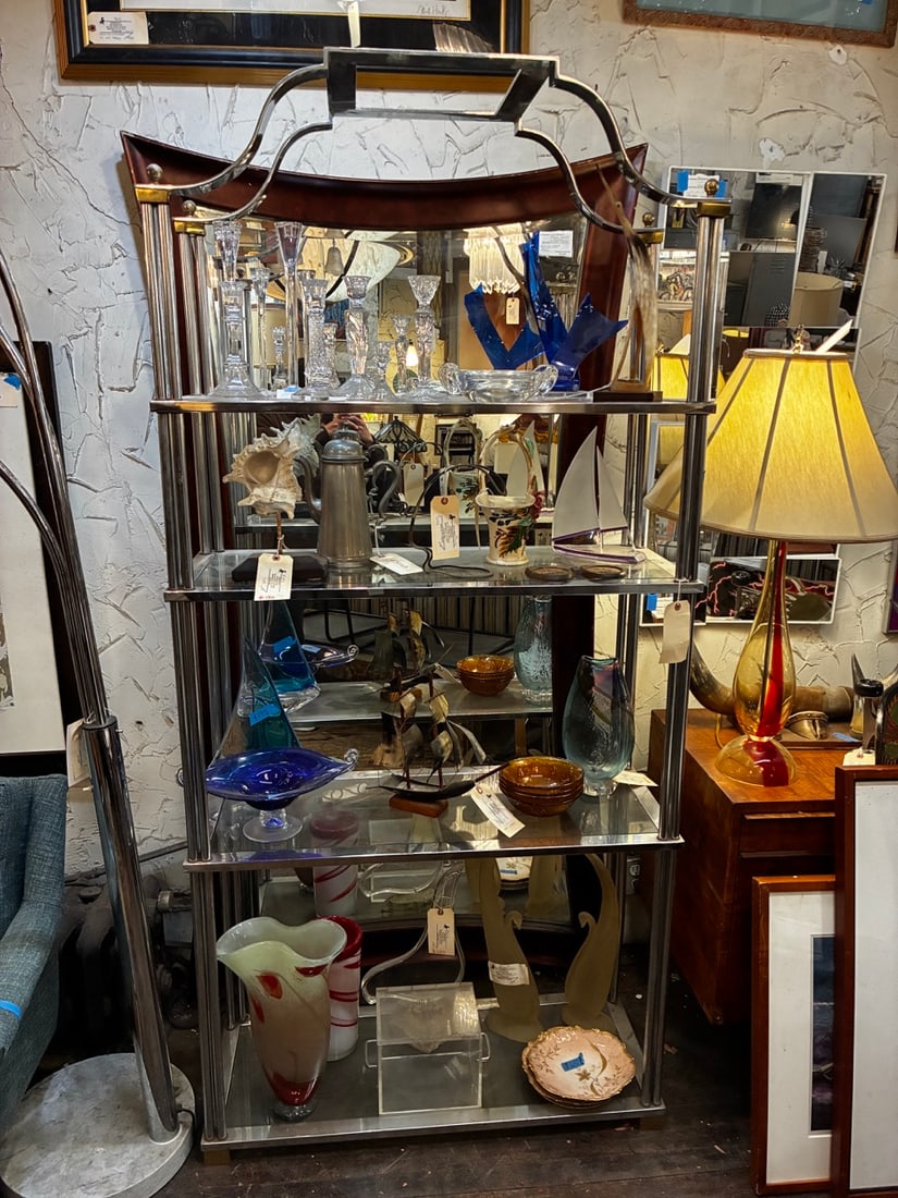 Vintage Chrome and Glass Bookcase: An elegant glass and chrome bookcase, perfect for trinkets or books. // PICKUP LOCATION: BROOKLYN, NY // Condition: Good. Wear consistent with age and use. Light scratches and scuffs. Missing square