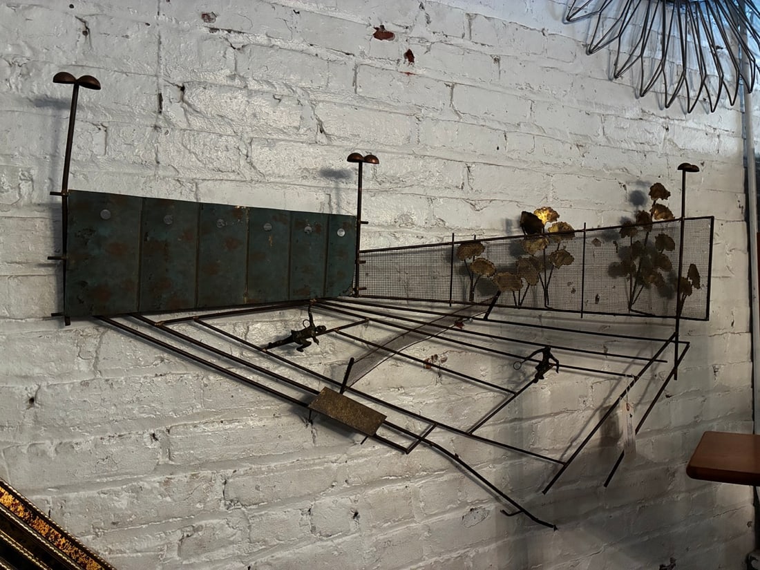 Unique Tin Wall Art of Tennis Match by Curtis Jeré: A super cool work of metal wall art by C. Jeré of two people playing tennis. The piece is designed in a way so that the dimensions become more realistic as you shift to the right. Like the School of