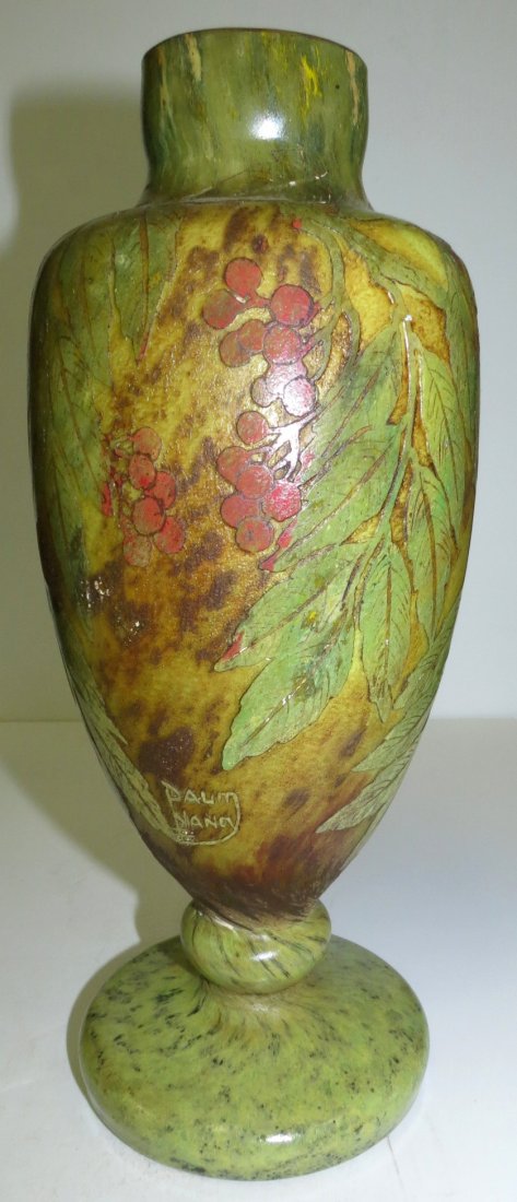 Daum Nancy Vase Acid Carved Signed H: 11": Est Shipping to USA $ 40.00