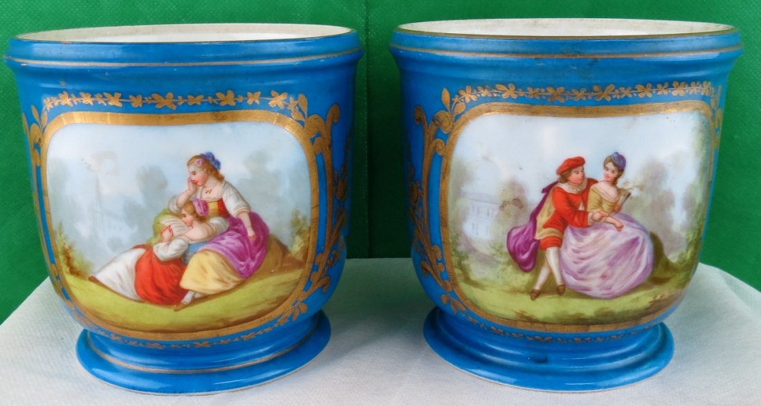 Pair of Wine Coolers Sevres 1800 Hand Painted: 4.7" x 4.7" Est Shipping = $ 32 to U.S