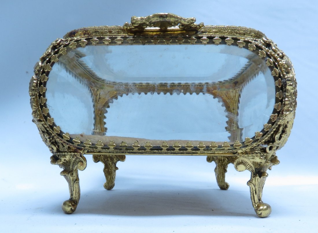 Old Crystal and Brass Jewelry Box H-3.5": Est Shipping = $ 18 to U.S