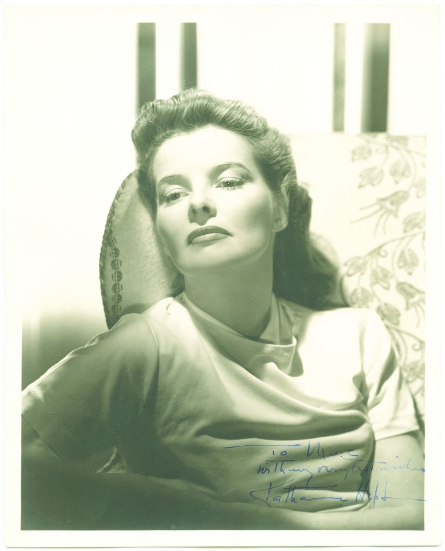 HEPBURN, KATHARINE SP A wonderful vintage 10x8: HEPBURN, KATHARINE SP A wonderful vintage 10x8" black and white photo of Katharine Hepburn, inscribed and signed in blue ink "To Mac, with very best wishes from Katharine Hepburn".