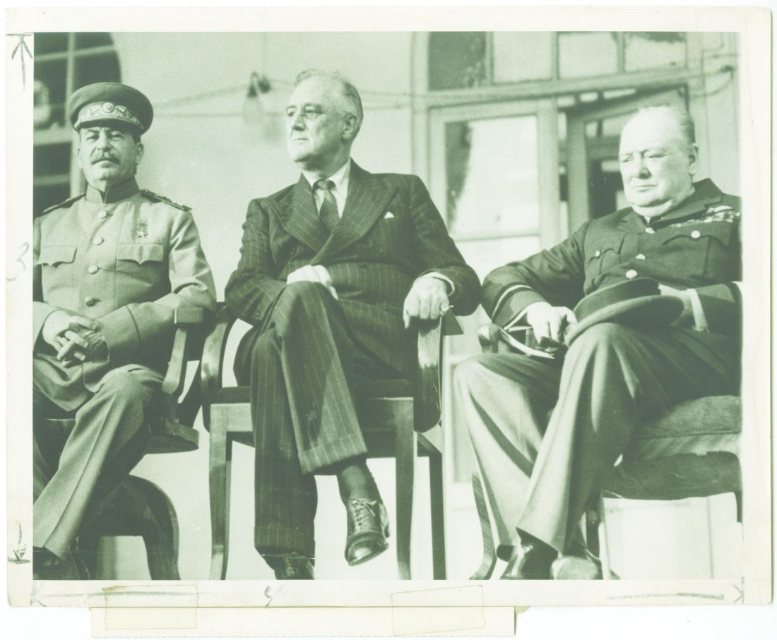 TEHRAN CONFERENCE: CHURCHILL, STALIN & ROOSEVELT COL An: TEHRAN CONFERENCE: CHURCHILL, STALIN & ROOSEVELT COL An original press photograph of 'The Big Three' at the 1943 Tehran conference, featuring from left to right Joseph Stalin, Franklin D. Roosevelt an