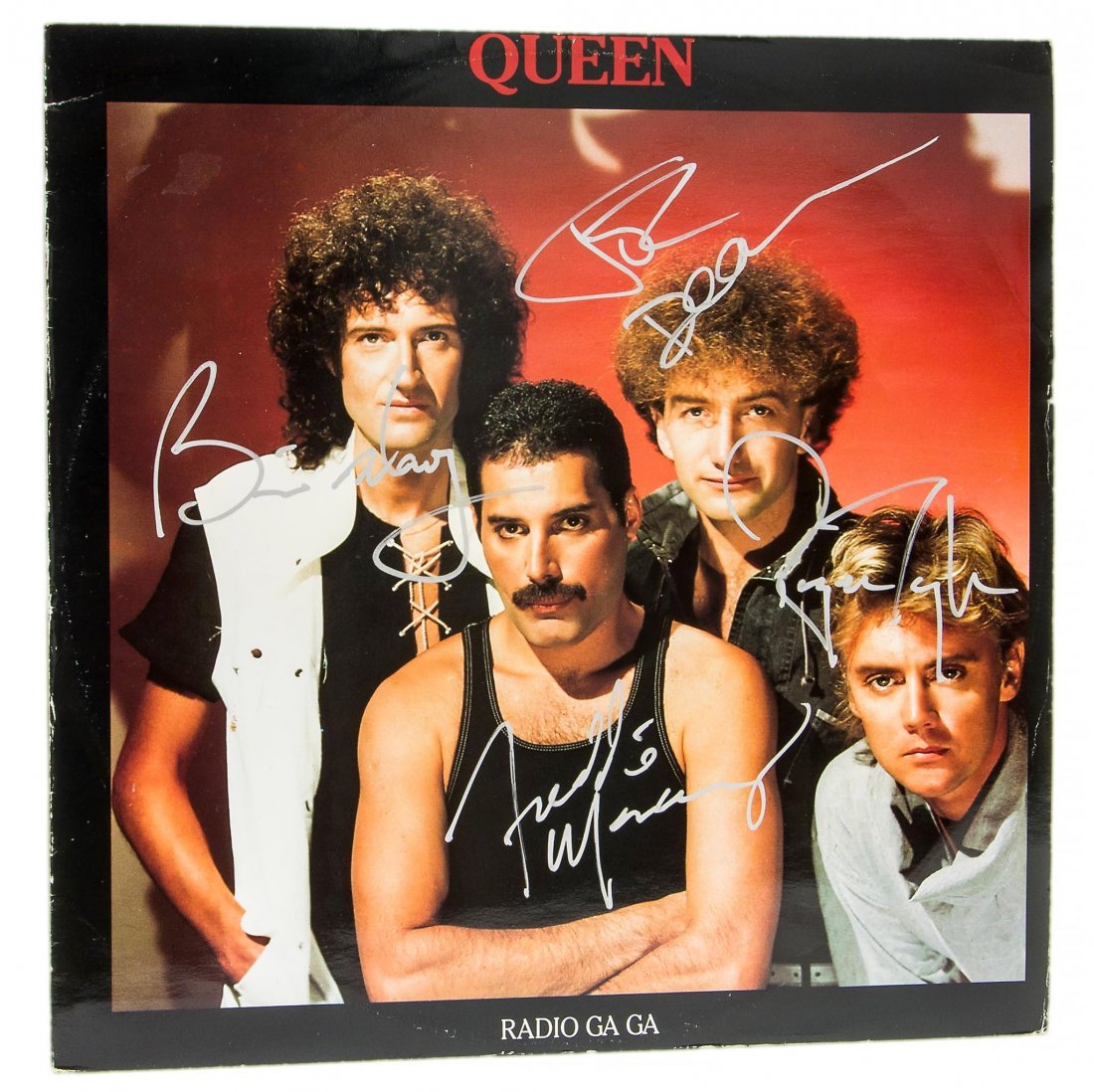 QUEEN CD/LP A copy of the Queen 12" single "Radio Ga: QUEEN CD/LP A copy of the Queen 12" single "Radio Ga Ga", signed by all four members of the band in silver ink. Some wear to edges. Signatures obtained in Berlin in 1986.