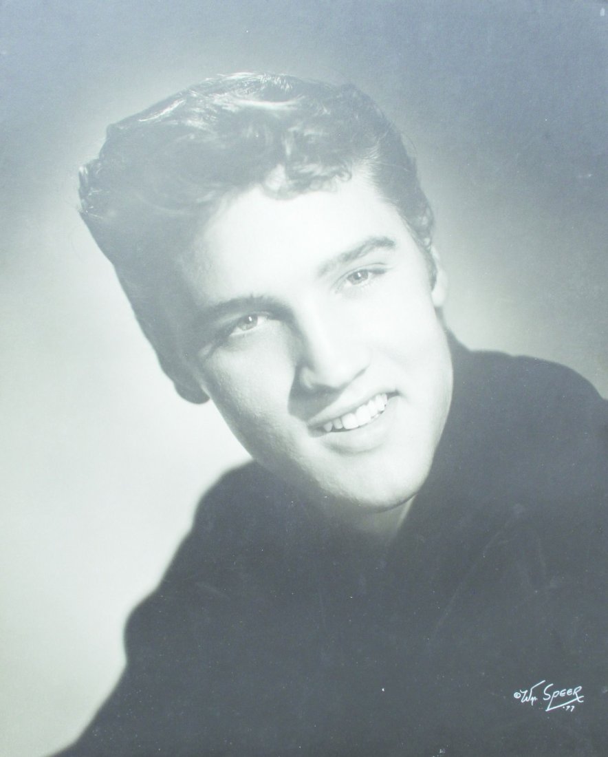 PRESLEY, ELVIS MEM Two photographs of Elvis Presley: PRESLEY, ELVIS MEM Two photographs of Elvis Presley taken by William Speer on the occasion of Elvis Presley's first professional photo shoot in July 1955. Both gelatin silver prints, hand printed, bac