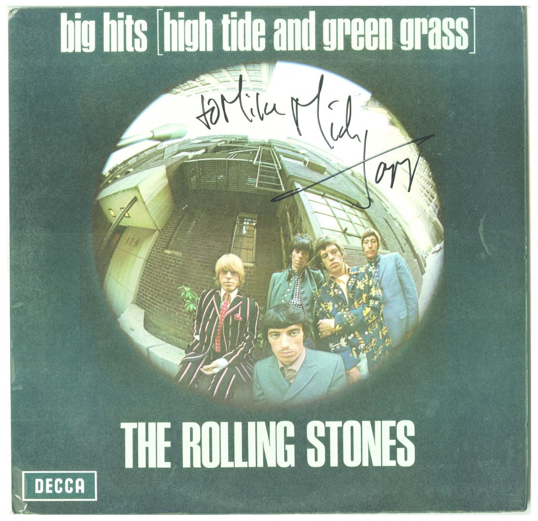 ROLLING STONES CD/LP A 12" UK stereo vinyl copy of the: ROLLING STONES CD/LP A 12" UK stereo vinyl copy of the Rolling Stones' 1966 compilation "Big Hits (High Tide and Green Grass"). Clearly inscribed and signed in black marker, "To Mike, Mick Jagger". A 