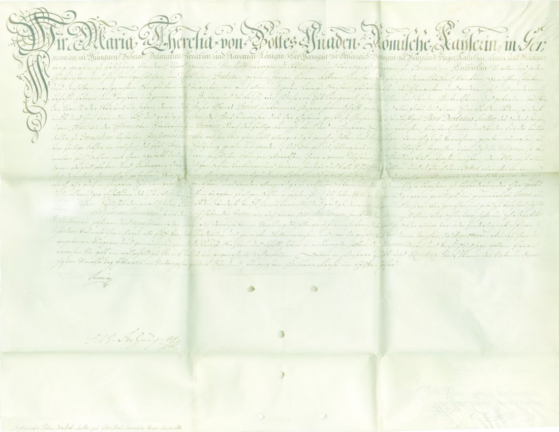 MARIA THERESA DS A large untranslated document on: MARIA THERESA DS A large untranslated document on vellum, likely to be an appointment, in German, signe by Maria Theresa. Seal missing, folds but overall condition is clean.