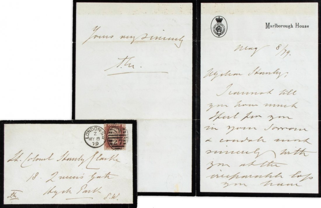 ALS A mounted 18 x 22.5cm letter from Edward VII when: ALS A mounted 18 x 22.5cm letter from Edward VII when Prince of Wales on headed "Marlborough House", black bordered paper, dated "May 8 / 79" and signed at foot "Alber.". One folio, written in ink on
