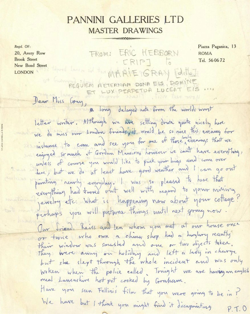 COL A collection of autograph letters, notes and: COL A collection of autograph letters, notes and sketches by Eric Hebborn and his partner Graham David Smith to their friend Marie Gray whilst they were living in Rome. Includes an autograph letter by