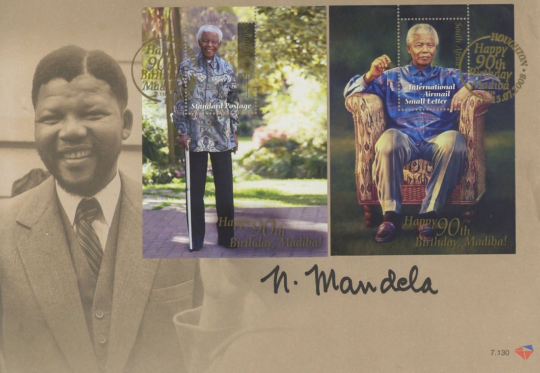 First day cover celebrating the 90th birthday of Nelson: First day cover celebrating the 90th birthday of Nelson Mandela, signed 'N. Mandela' in black marker on envelope and featuring two stamps issued in limited edition by South African Post Office; minor 