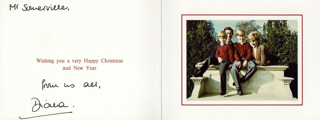 Royal Christmas card, undated, signed by Princess Diana: Royal Christmas card, undated, signed by Princess Diana ("Diana") to Mr. Somerville, mounted colour photograph of Charles and Diana with their two young sons, Princes William and Harry, white card mou