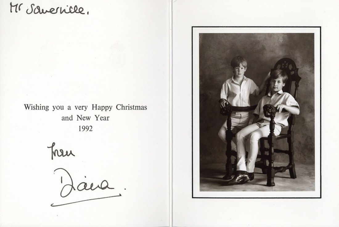 Royal Christmas card for 1992, signed by Princess Diana: Royal Christmas card for 1992, signed by Princess Diana ("Diana") to Mr. Somerville, mounted colour photograph of Princes William and Harry, white card mount, gilt Royal crests, in fine condition; als