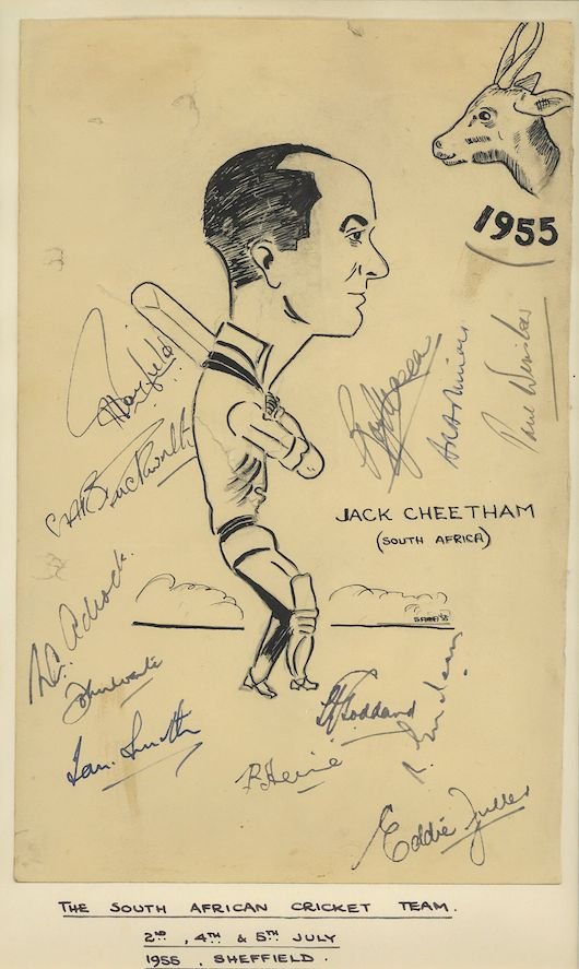 A small collection of items relating to Australian: A small collection of items relating to Australian cricket. The lot comprises the signatures of the 1956 team, including Ian Johnson, Ken Mackay, Ritchie Bernaud and Gil Langley, on a sheet of paper,