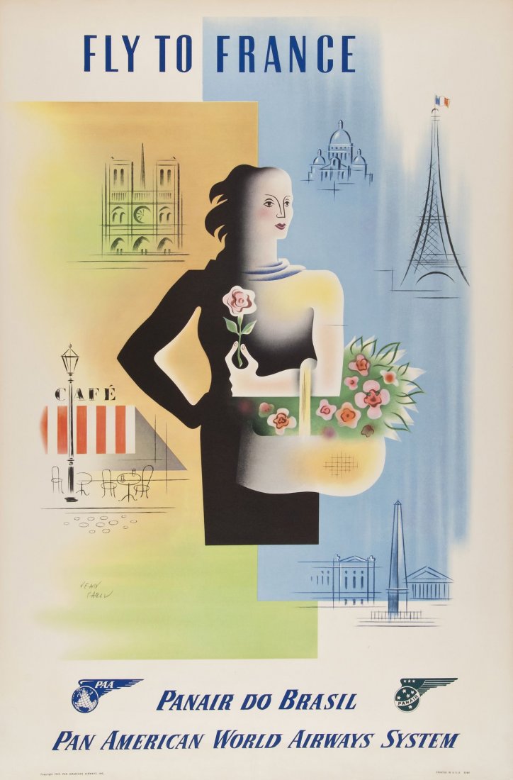 CARLU, Jean (1900-1997) - FLY TO FRANCE, PAN AM: lithographic poster in colours, 1949, cond B. backed on linen 42 x 28in. (107 x 71cm.)