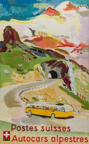 HEGETSCHWEILER, Max - POSTES SUISSES, Autocars: lithographic poster in colours, 1951, cond A, framed and glazed 38 x 23 1/2ins (97 x 60cm.)