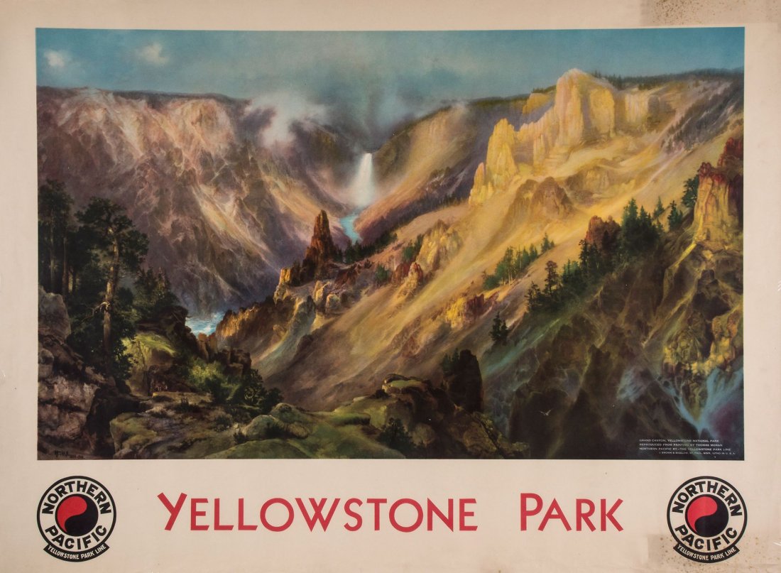 MORAN, Thomas (1837-1926) - YELLOWSTONE PARK, Northern: offset lithographic poster in colours, printed by Brown & Bigelow, not backed, cond. B+; 30 x 40in. (76 x 102cm.)
