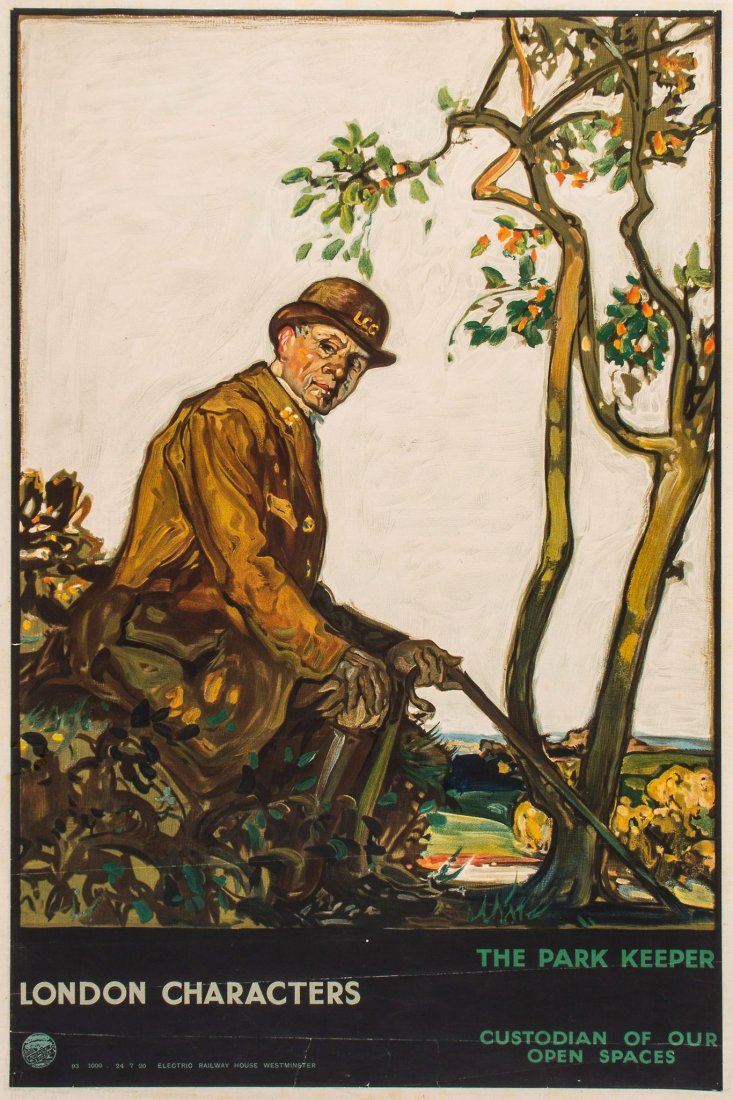 COX, Elijah Albert (1876-1955) - THE PARK KEEPER,: lithographic poster in colours, 1920, printed by the Avenue Press, cond B+, backed on linen 29 x 19 1/2ins. (74 x 49cm.)