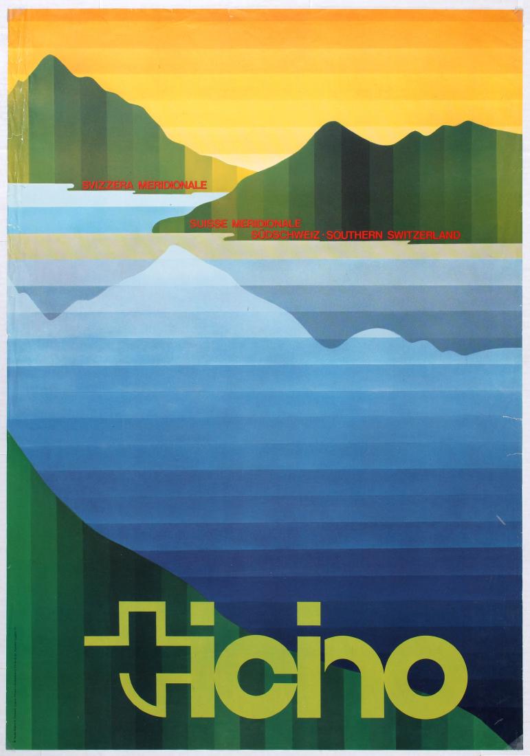 Travel Poster Southern Switzerland Ticino: Travel Poster - Southern Switzerland - Ticino Country: Switzerland. Year: 1974. Artist: R. Chicherio. Size (cm): 100x70 Fair condition, creases and tears in left, top and right margins, small tape pro