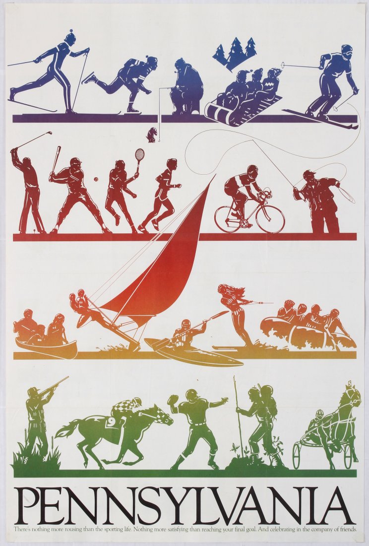 Travel Poster Pennsylvania Sports Friendship Poster: Travel Poster - Pennsylvania, Sports & Friendship Poster. Sailing, skiing, baseball and golf as well as many other sports featured. Country: USA. Year: 1982. Artist: Unknown. Size (cm): 91.5x61 Excell