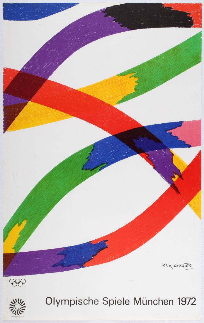 Sport Poster 1972 Munich Olympic Games Piero Dorazio: Sport Poster - 1972 Munich Olympic Games - Piero Dorazio Poster Country: Germany. Year: 1970. Artist: Piero Dorazio. Size (cm): 101x64. Edition Olympia 1972. GmbH 1970. Very good condition, small tear