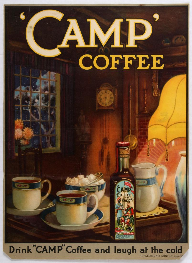 Advertising Poster Camp Coffee Drink Laugh at the Cold: Advertising Poster - Camp Coffee - Drink Camp Coffee and laugh at the cold. Country: UK. Year: 1930s. Artist: Unknown. Size (cm) - 40x29.5. Very good condition, folded as issued, small paper cuts in b