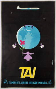 Travel Poster TAI Intercontinental Airline: Travel Poster - TAI - Intercontinental Air Transport Country: France. Year: 1950s. Artist: Alain Gauthier. Size (cm): 100x62.5. Good condition, folds and cracks, scratches, repaired tears. Backed on l