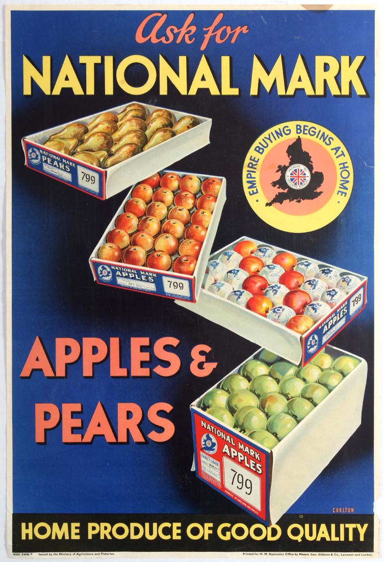 British Advertising Poster Apples Pears Home Produce: British Advertising Poster - Ask for National Mark. - Apples & Pears - Home produce of good quality. Issued by the Ministry of Agriculture and Fisheries - Country: UK. Year: 1940s. Artist: Carlton. Si