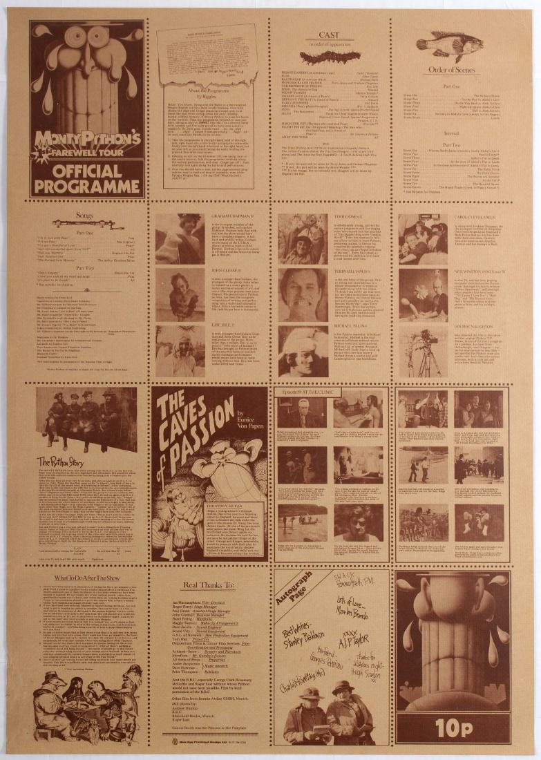 Advertising Poster Monty Python Tour Programme: Advertising Poster - Monty Python's 1st Farewell Tour - Official Programme. Country: UK. Year: 1973. Artist: Unknown. Size (cm): 76x53.5 Very good condition, faint creases in margins.