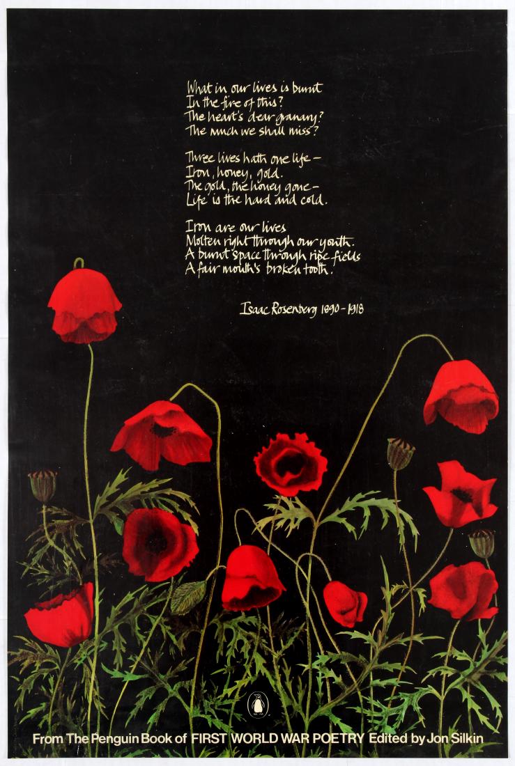 Advertising Poster Penguin Books WWI Poetry Isaac: Advertising Poster - The Penguin Book of First World War Poetry - Isaac Rosenberg Poem. Great image of poppy field. Country: UK. Year: 1978. Artist: Cally Allison (design). Size (cm): 75.5x50.5. Very 