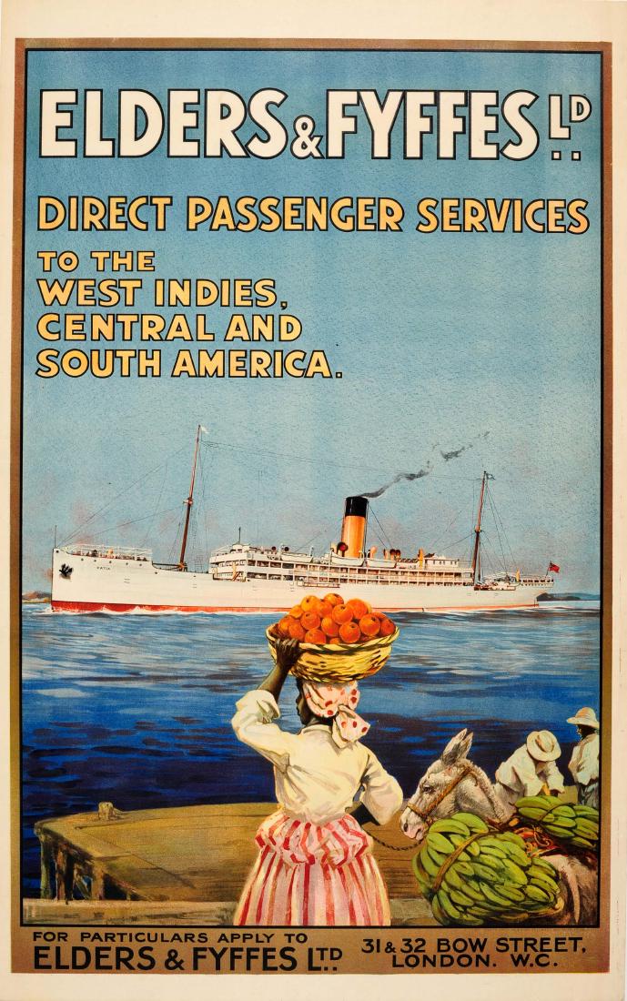 Travel Poster West Indies Elders Fyffes Cruise Line: Original vintage travel poster published by Elders & Fyffes LD to advertise its Direct Passenger Services to the West Indies, Central and South America. Great image of the back of a West Indian lady w