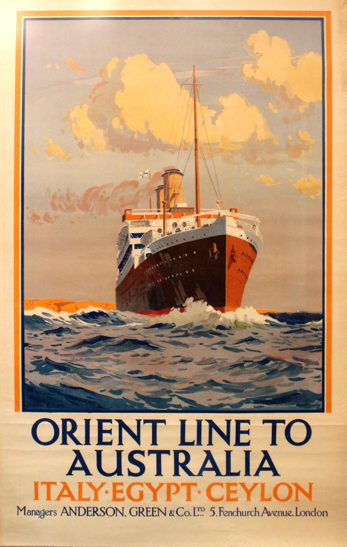 Travel Poster Australia Orient Line Italy Egypt Ceylon: Original vintage cruise poster advertising Orient Line to Australia - Italy - Egypt - Ceylon featuring an image of a steam ship sailing on the sea towards the viewer with land visible on the horizon. 