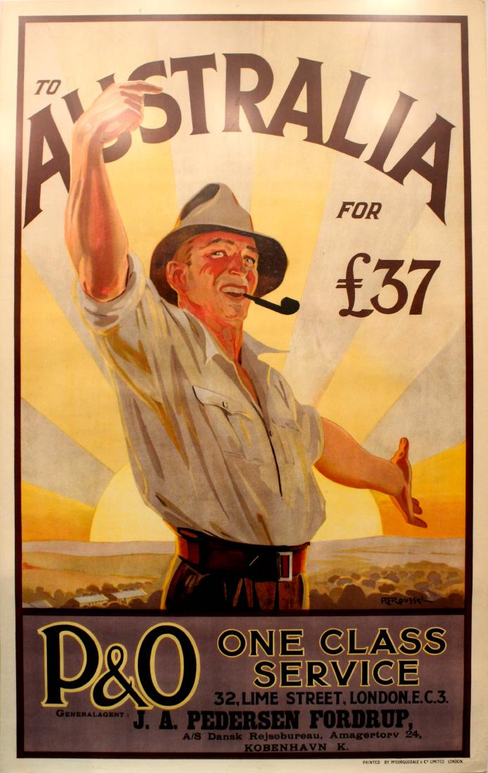 Travel Poster Australia P&O Cruise Line Roussel: Original vintage P&O cruise line poster advertising cruises To Australia for Â£37 one class service. Great image featuring a smiling man smoking a pipe and wearing a hat, pointing towards Australia