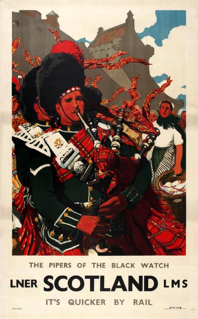 Railway Poster Scotland Black Watch LMS LNER: Original vintage travel advertising poster for Scotland - The Pipers of the Black Watch â€“ LNER LMS â€“ It's Quicker by Rail published by the London and North Eastern railway (LNER) and Lon
