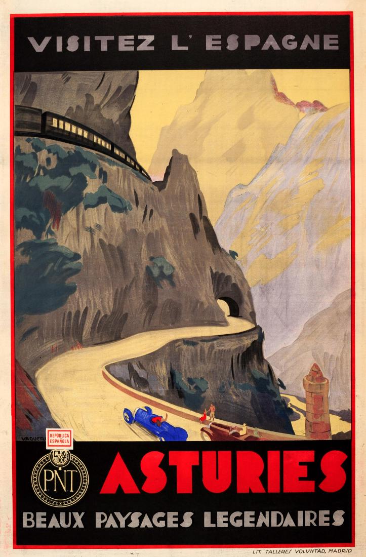 Travel Poster Visit Spain Asturias Art Deco Cars: Original vintage travel advertising poster in French to promote tourism to Spain: Visit Spain â€“ Asturias â€“ Beautiful and Legendary Landscapes / Visitez lâ€™Espagne â€“ Asturies