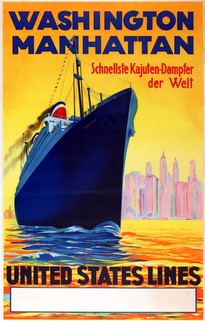 Travel Poster Washington Manhattan United States Lines: Original vintage cruise ship travel advertising poster in German: Washington - Manhattan Fastest Cabin Liners in the World / United States Lines. Bright and colourful artwork by R. Devignes depicting 