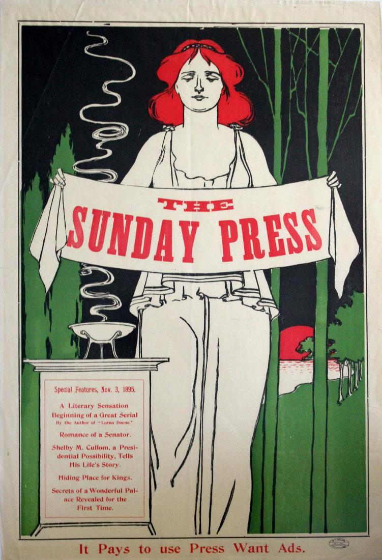 Advertising Poster The Sunday Press 1895: Original antique advertising poster for The Sunday Press - Special Features Nov. 3, 1895 - It pays to use Press Want Ads. Great Art Nouveau image on a dark background of a lady with flowing hair holdi