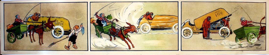 Advertising Poster Motoring Car Vs Donkey Cart: Original antique poster featuring a cartoon style race between a car and a donkey cart. Fun images showing the car speeding ahead, then breaking down with a burst tyre, leaving the donkey cart to win.
