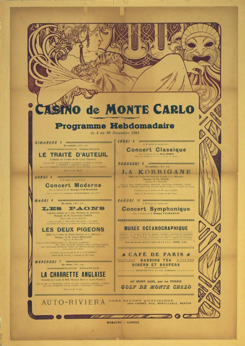 Advertising Poster Casino de Monte Carlo Mucha: Original vintage advertising poster with the weekly music and dance entertainment programme of the Monte Carlo Casino for 4-10 December, 1921. Ballet, classical music, theatre, dancing, tea and golf a