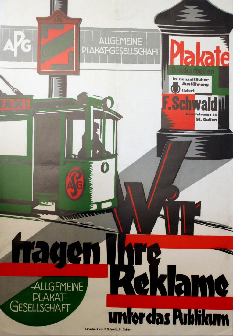 Advertising Poster F Schwald Poster Printers Modernist: Original vintage advertising poster for F Schwald Poster Printers. Strong modernist graphic design. Text with image of a tram and poster display boards. Linodrucke von F Schwald, St Gallen, Switzerlan