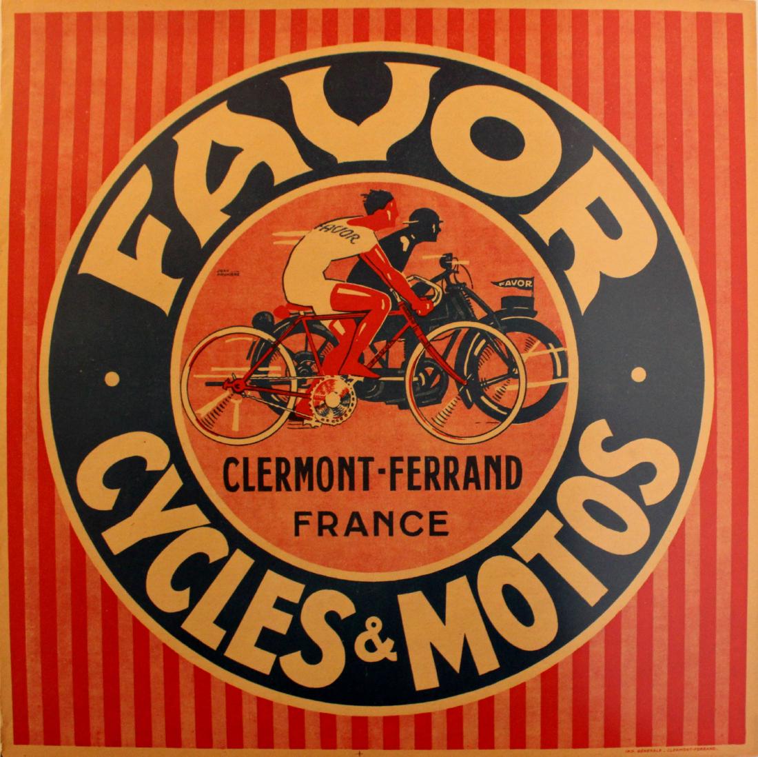 Advertising Poster Favor Cycles Motorcycles: Original vintage advertising poster for Favor Cycles & Motos, Clermont Ferrand, France. Great image of a bike and motorbike racing alongside each other inside a circle with stripes on the backgrou