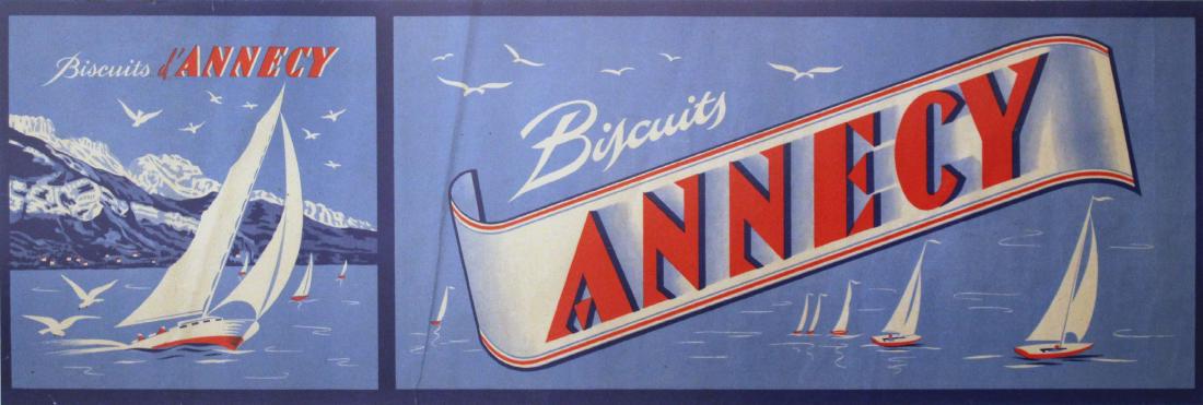 Advertising Poster Biscuits Annecy Yachts: Original vintage food advertising poster for Annecy biscuits featuring an image of sailing boats in full sail with mountains in the background and seagulls flying overhead. Horizontal. Fair condition,